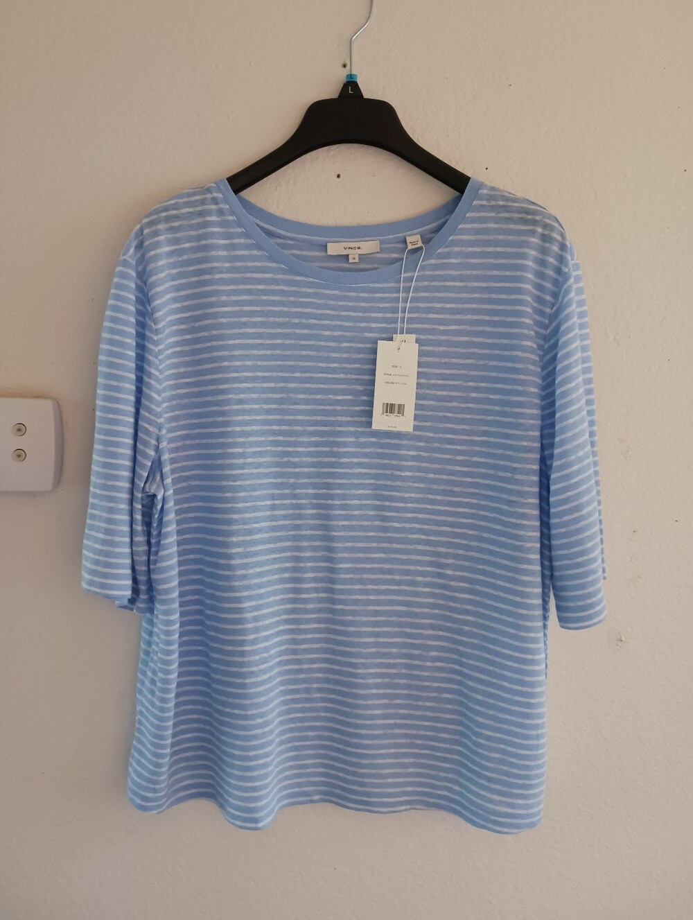 Vince Striped Linen Elbow Sleeve Crew Neck T-Shirt